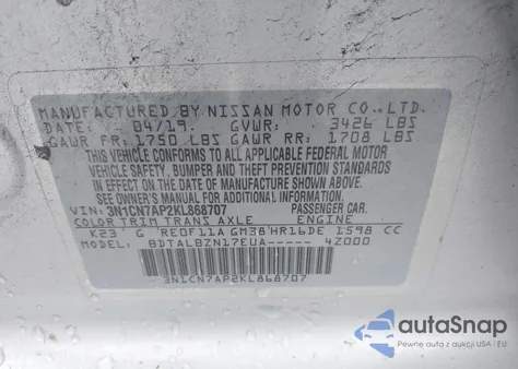 2019 Nissan Versa S/S Plus/Sv z USA, uszkodzony, nr VIN 3N1CN7AP2KL868707